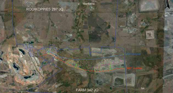 Tharisa Mine plan showing borehole locations and outcrop positions of UG1 and MG1 chromitite layers